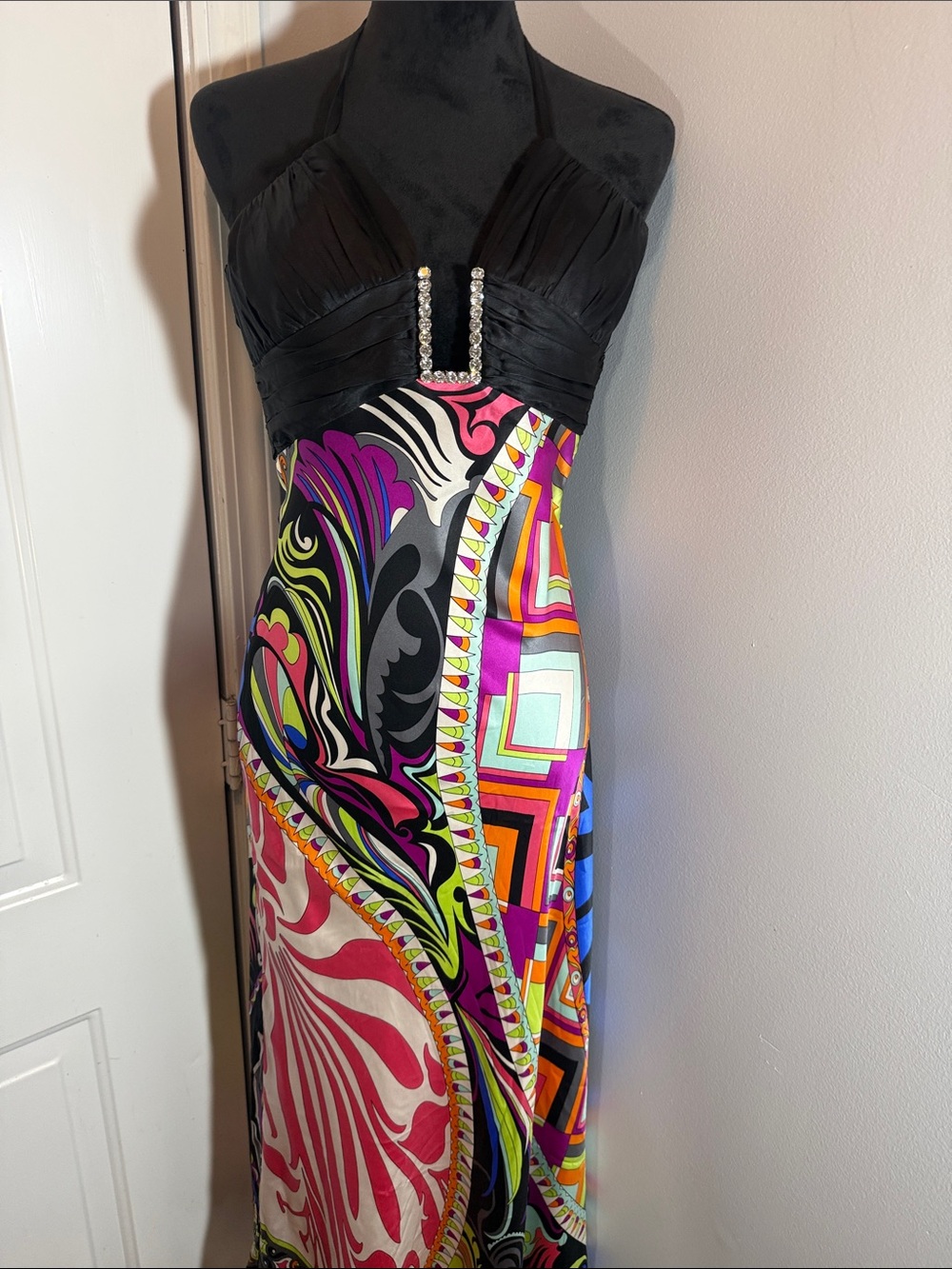 Cache Black Halter Maxi Dress with Vibrant Abstract Print